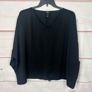 DuJour Top Womens XL Black Satin Blouse V-Neck Drop Shoulder Pullover Solid